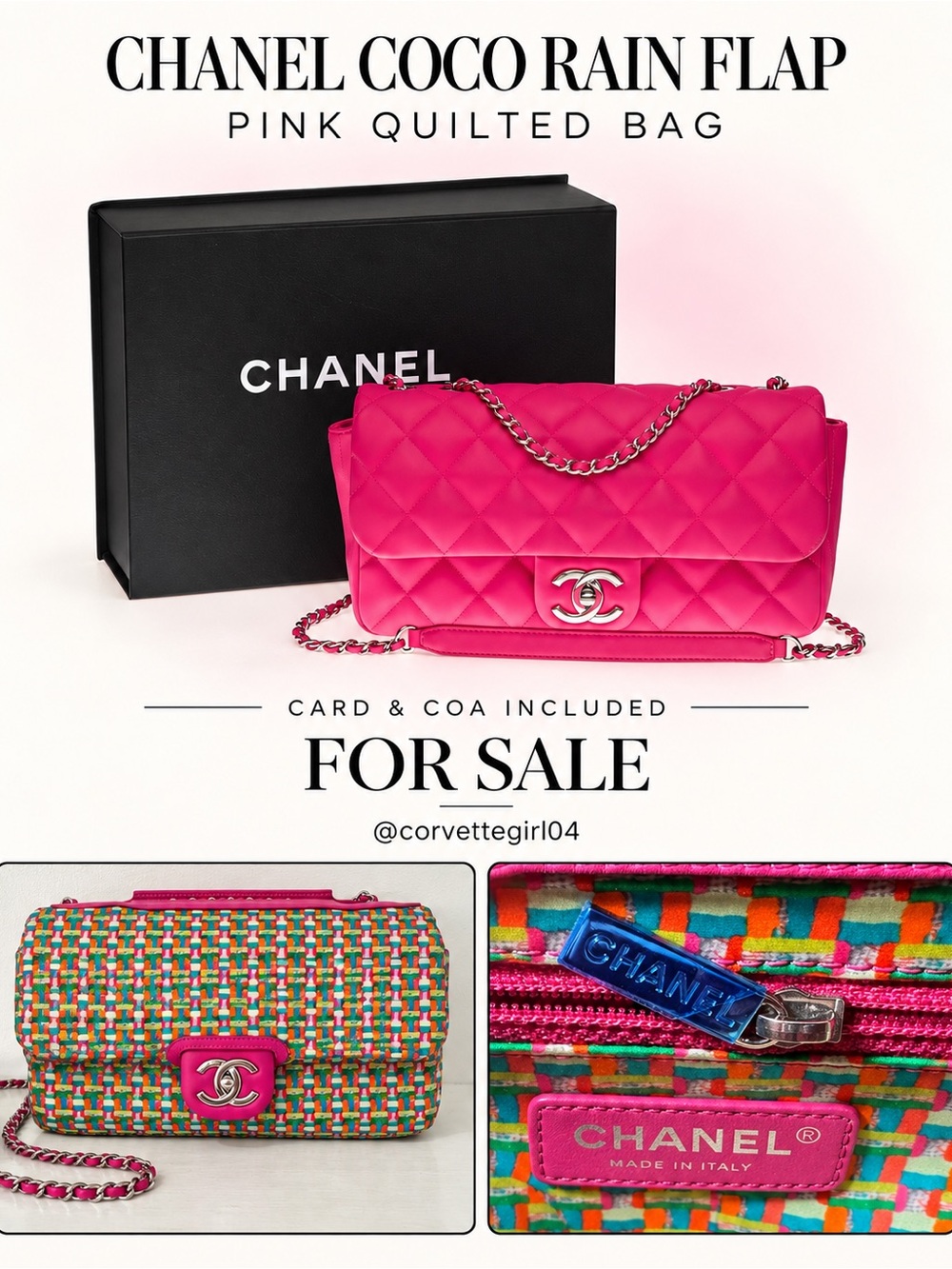 Chanel Rubber Quilted Lambskin Medium Coco Rain Flap in Pink. 💖 Card & COA- Full